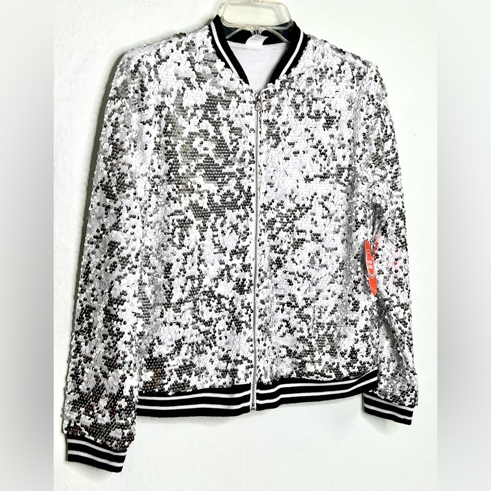 Sequin Full Zip Bomber Style Jacket - Silver white Black NWT.  #132